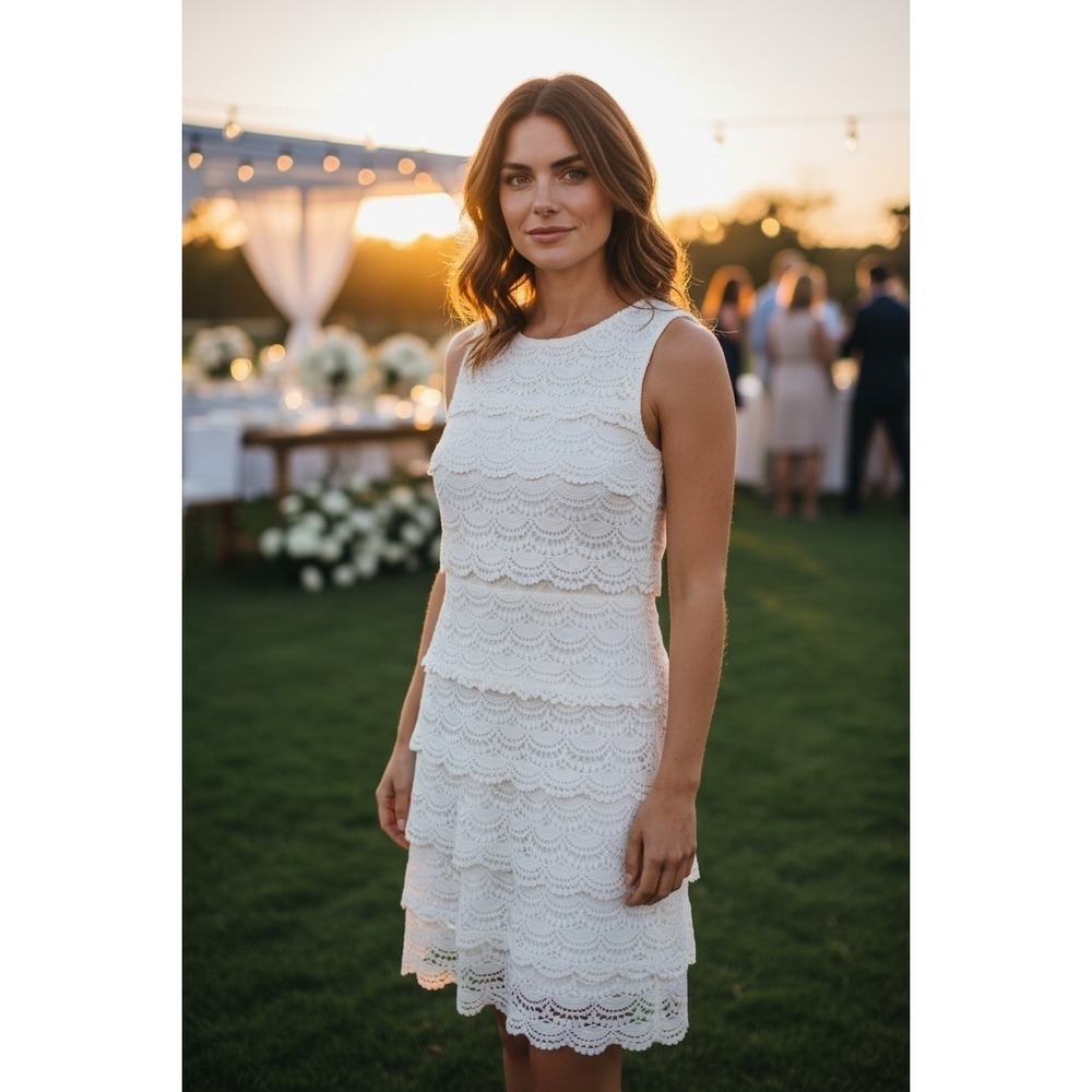 White Black Market Ivory Crochet Lace Tiered Dress 2 Bridal Shower Boho Coquette